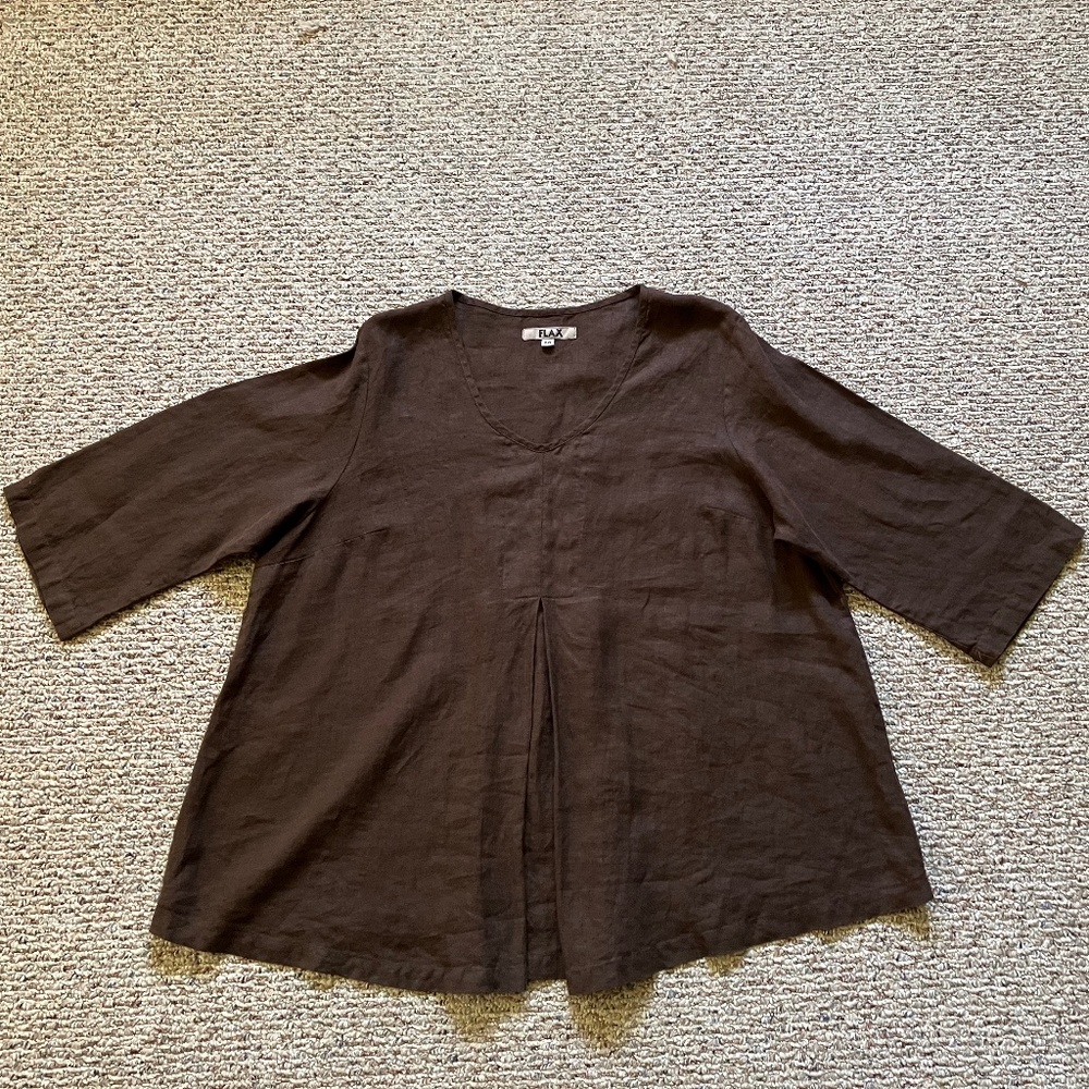 FLAX Designs 2G/2X linen tunic blouse v-neck, 3/4 sleeves, gorgeous, Dk Brown